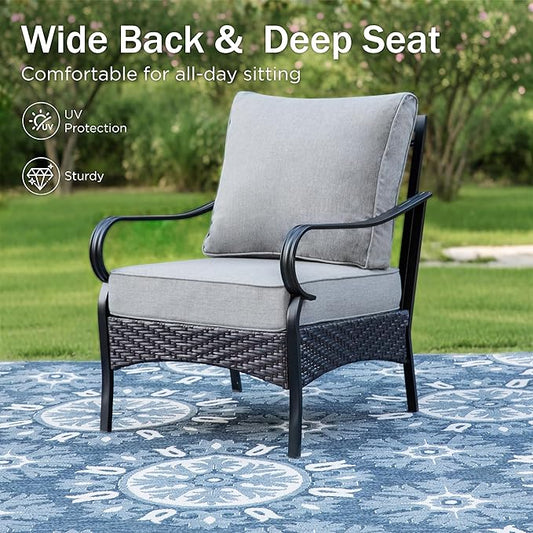PHI VILLA Outdoor Modern Patio Furniture Set, Upgraded Wicker&Metal Patio Furniture Conversation Set with Waterproof Thick Cushions for Porch, Poolside, Deck, and Yard (4 Pieces,Grey)