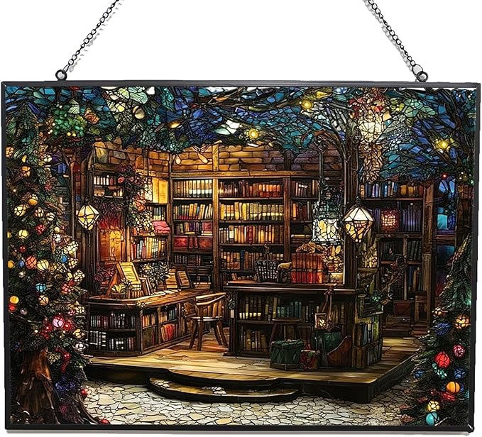 Rectangle Christmas Bookstore Stained Glass Sun Catcher, Wall Hanging Colored Decor Room Indoor Window Decor, Halloween, Christmas Hanging Ornament
