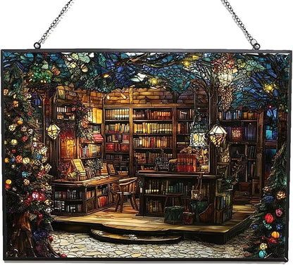 Rectangle Christmas Bookstore Stained Glass Sun Catcher, Wall Hanging Colored Decor Room Indoor Window Decor, Halloween, Christmas Hanging Ornament