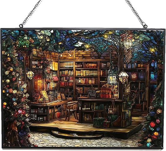 Rectangle Christmas Bookstore Stained Glass Sun Catcher, Wall Hanging Colored Decor Room Indoor Window Decor, Halloween, Christmas Hanging Ornament