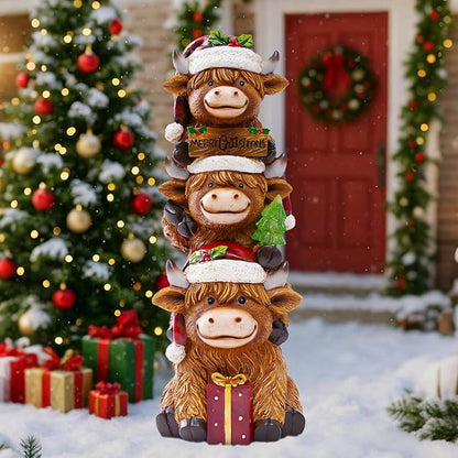 Christmas Highland Cow Decor with Solar Light Triple Highland Cow Christmas Decorations Gifts for Women Mom Funny Highland Cows Garden Statues for Garden Patio Lawn Yard Decor(Multicolor)