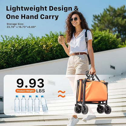 Collapsible Wagon Cart with Wheels, 150L Lightweight Foldable Utility Cart, Portable Rolling Wagon for Garden, Shopping, Sports, Camping, Transport, Orange