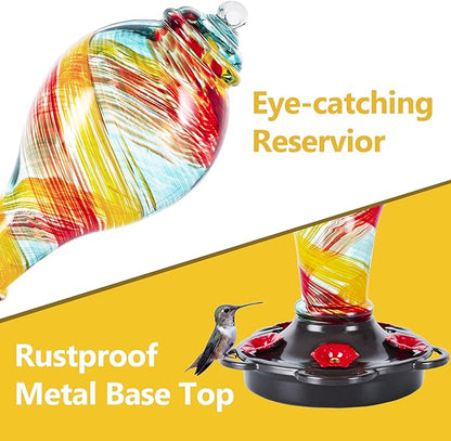 LUJII Hand Blown Glass Hummingbird Feeder for Outdoors Hanging with Ant Moat, 36 fl.oz, Leak Proof & Rustproof, Metal Base with 5 Feeding Ports & 5 Perches, Unique Garden & Backyard Decor (Ribbon)