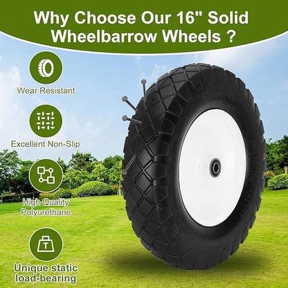 Upgraded 16" Flat Free Wheelbarrow Wheels and Tires, 4.80/4.00-8 Solid Wheelbarrow Tires with 5/8"&3/4" Bearings,14"-16" Universal Fit Wheelbarrow Wheels for Wheelbarrows/Garden Trailer