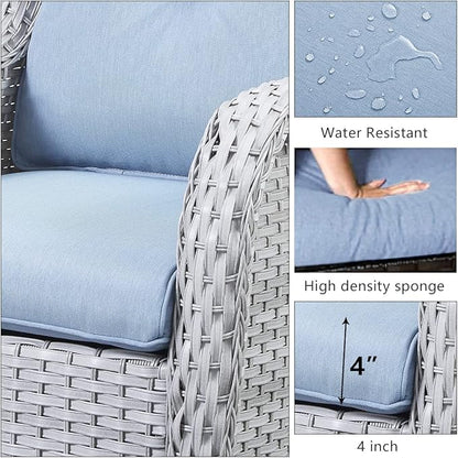 HUMMUH 5 Pieces Outdoor Furniture Patio Furniture Set Wicker Swivel Patio Chairs with 2 Seater Outdoor Sectional Sofa/Patio Loveseat with Ottomans(Light Grey/Light Blue)