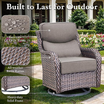 Luxury Outdoor Swivel Rocker Patio Chairs, High Back Swivel Patio Chairs with Side Table & 6-Inch Thick Cushions, Wicker Outdoor Bistro Set for Porch, Yard, Deck, Poolside, Brown/Grey