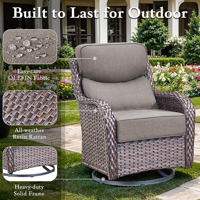 Luxury High Back Outdoor Furniture with 6-inch Extra Thick Cushions, Patio Furniture Set with Swivel Chairs, 5 PCS Wicker Conversation Set for Yard, Deck, Poolside, Brown/Grey