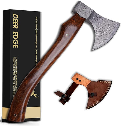 Handmade Damascus Axe with Sheath – Viking Style Hatchet with Curved Wooden Handle for Camping, Chopping & Display
