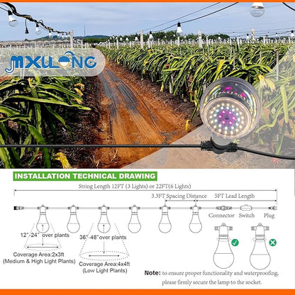 Grow Light Bulbs LED Growth Bulb A25 Full Spectrum String Plant Light Houseplant Growting Lamp Indoor Or Outdoor Waterproof Grow Lights (12 Lights and Cord)