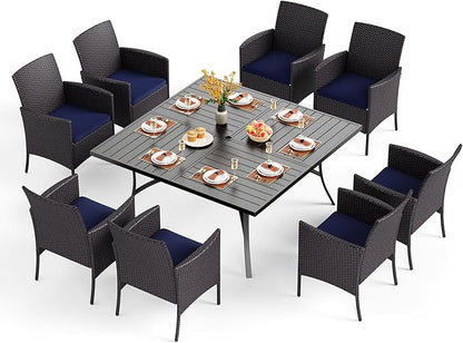 PHI VILLA 9 Pieces Square Outdoor Dining Set for 8, 60” Metal Iron Dining Table & Rattan Wicker Chairs with Cushions, Large Dining Furniture Set for Patio, Deck, Yard, Porch