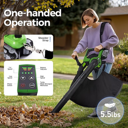 4 Speed Cordless Leaf Vacuum with Bag, 20V Electric Battery Powered, Lightweight Blower and Mulcher, with 2 * 4.0Ah Batteries and 1 Fast Charger, for Patio Cleaning, Lawn Care, Yard Leaves