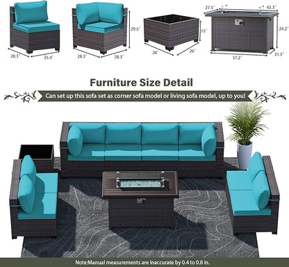 Outdoor Patio Furniture Sets with Propane Fire Pit Table, 10 Pieces Outdoor Furniture Patio Sectional Sofa Conversation Sets w/ETL Approved 43" Gas Outdoor Fire Table & Coffee Table (Turquoise)