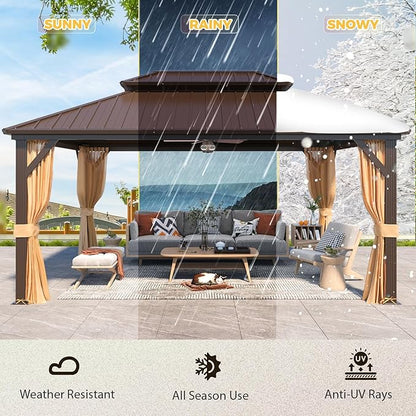 YOLENY 12' x 16' Gazebo Hardtop with Aluminum Frame,Galvanized Steel Double Roof Gazebos with Curtain and Netting,Outdoor Metal Pergolas for Garden, Lawn, Deck, Brown