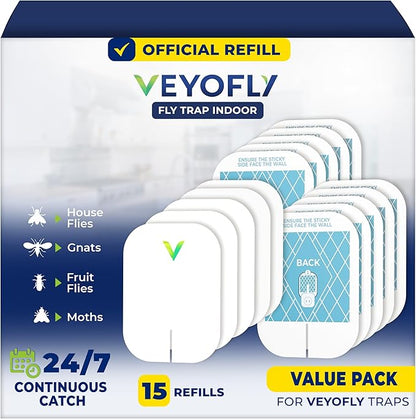 VEYOFLY Fly Trap Indoor Refill, Fruit Fly Traps for Indoors, Gnat Traps for House Indoor, Fly Catcher, Fly Trap, Plug in Catch for Fruit Flies, Moths, Gnats, Mosquito Trap (Pack of 15 Refills)
