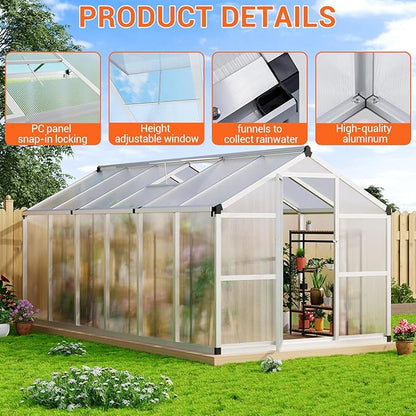 8 x 12 FT Greenhouse, Heavy-Duty Polycarbonate Large Walk-in Greenhouse Roof Vent ,Aluminum Frame & Lockable Door, for Backyard, Green Houses for Outside Garden Backyard