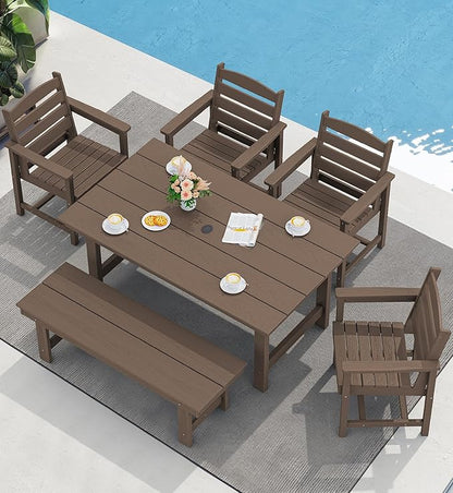 SERWALL 6-Person Outdoor Dining Table - 67" Rectangle HDPE Patio Table with Center Umbrella Hole, Weatherproof, Coffee
