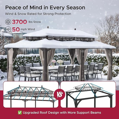 SUNJOY Kingston 20' x 12' Hardtop Gazebo with Galvanized Steel/Polycarbonate Double Roof, Curtain and Netting, Brown Aluminum Posts Permanent Pavilion Gazebo for Garden, Patio, Deck, Lawn