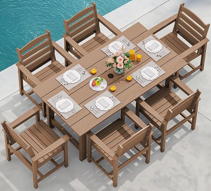 SERWALL 7-Piece Patio Outdoor Table & Chairs, HDPE Dining Set with Umbrella Hole & All-Weather Design for Lawn, Backyard, Poolside, Brown