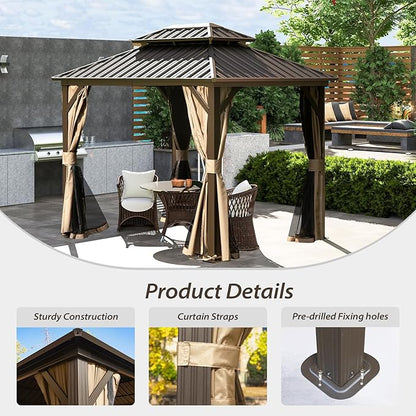 Domi 10'x10' Hardtop Gazebo Canopy,Outdoor Metal Gazebo with Galvanized Steel Double Roof,Curtain and Netting,Permanent Gazebos Pavilion for Patio Deck,Backyard