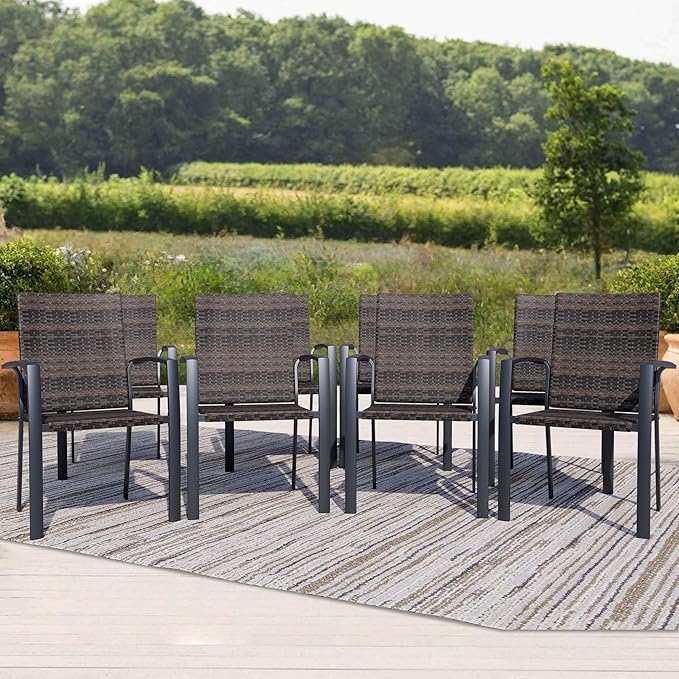 Outdoor Dining Chairs Set of 8, Stackable Patio Chairs with Woven Rattan Back & Seat, Perfect for Patio, Garden, or Deck, Rattan Gray Brown