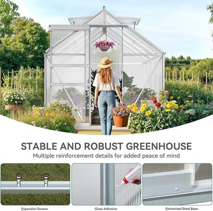 YITAHOME 6x8FT Polycarbonate Greenhouse Heavy Duty Green Houses Outdoor Aluminum Greenhouses with Sliding Doors Vent Window Walk-in Greenhouse Large Sun House for Garden Backyard, Matte Silver