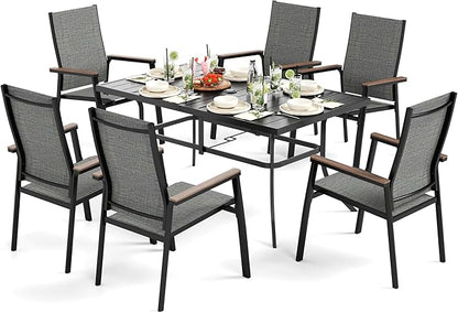 Sophia & William Outdoor Dining Set 7 Pieces, 6 x Aluminum Stackable Chair for Space-Saving and 59" x 35" Patio Dining Table, Easy to Move for Outdoor Garden Lawn (Grey)
