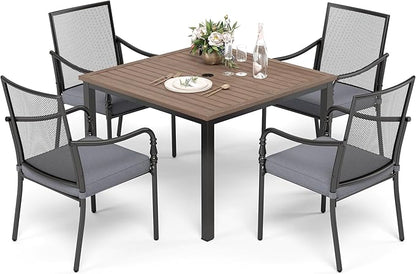 HERA'S HOUSE Metal Patio Table and Chairs Set for 4, Outdoor Dining Set 5 Pieces, 42" Square Faux Wood-Grain Table with Armrest Chairs for Garden Backyard with 1.57" Umbrella Hole
