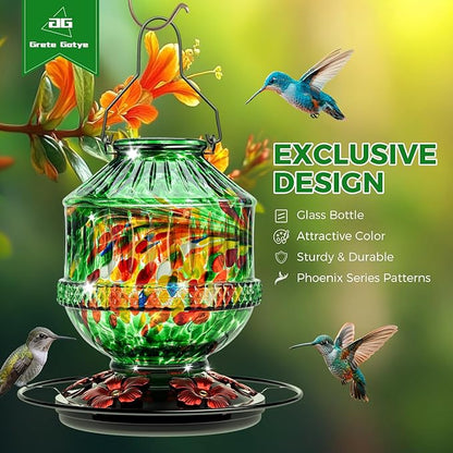 Hand Blown Glass Hummingbird Feeders for Outdoors, 25 Ounces Wild Bird Nectar Feeder with Perch & 5 Flower Feeding Ports Leak Proof Hanging for Garden Backyard Decor, Gifts for Women Mom, Green