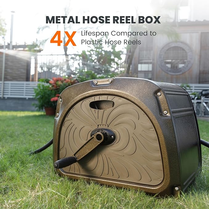 Giraffe Tools SW5 Metal Hose Reel Box, Heavy Duty Garden Hose Storage Reel Hideaway, Crank Handle, 150ft 5/8" Hose Capacity, Green