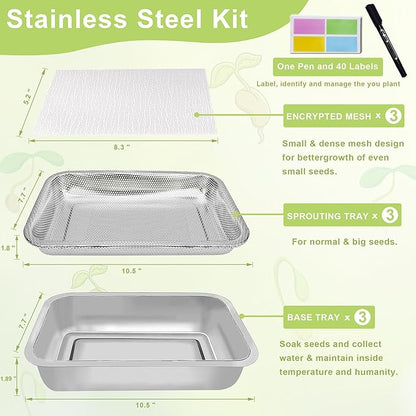 Stainless Steel Sprouts Growing Kit 3-Tier 10.4 inch Trays, Microgreens Growing Kit, Seed Sprouting Tray with Encrypted Mesh Sprouts for Beans Alfalfa Broccoli Wheat Grass