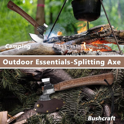 Wood Splitting Axe with Leather Sheath,Camping Hatchet with 10.74" Solid Handle,Bushcraft Axe with Hammering for Gardening,Chopping, Felling, Survival,Carving
