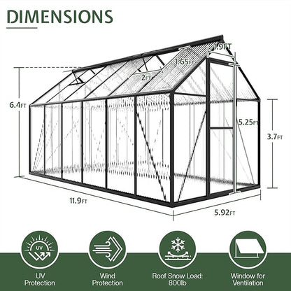 Jocisland 6x12Ft Polycarbonate Greenhouses for Outdoors, 2 Top-Opening Windows, Swing Doors, Aluminum Walk-in Heavy Duty for Outdoor Use, Backyard Garden, Black