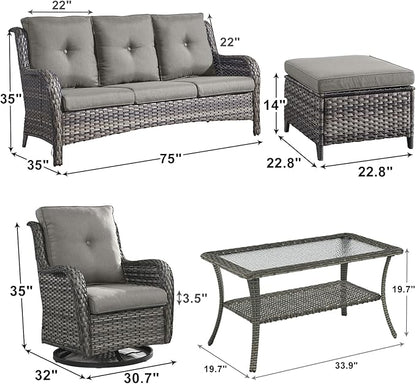 Outdoor Wicker Patio Furniture Set - 6 Piece Rattan Patio Conversation Set with 2 Rocking Swivel Chairs,2 Ottomans,1 Sofa and 1 Coffee Table for Porch Deck Backyard Garden(Mixed Grey/Grey)
