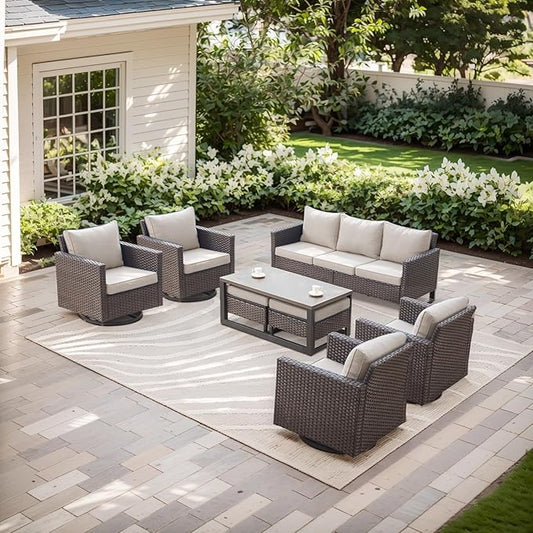 Rilyson Wicker Outdoor Patio Furniture Set - 8 Piece Patio Conversation Set with 4 Swivel Rocker Chairs,2 Rattan Ottoman,1 Couch and 1 Metal Coffee Table for Outside Porch Deck Backyard(Brown/Beige)