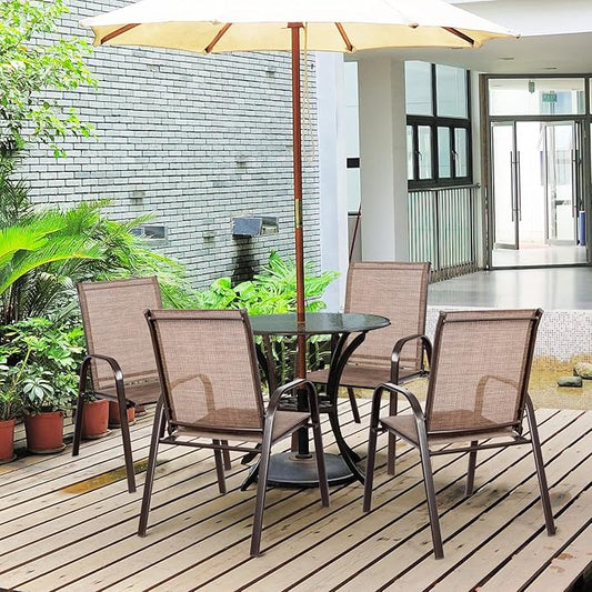 Tangkula 4 Piece Patio Dining Chairs, Outdoor Bistro Chairs W/Curved Armrests, Easy-to-Dry Fabric, Reinforced Steel Frame, Wide & Comfortable Camping Chairs for Garden, Poolside, Backyard (2, Brown)