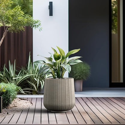Kante 13.0" Dia Round Fluted Concrete Planter, Large Plant Pot with Drainage, Smooth Weathered Concrete Finish with Warm Brown Interior, for Indoor and Outdoor Use