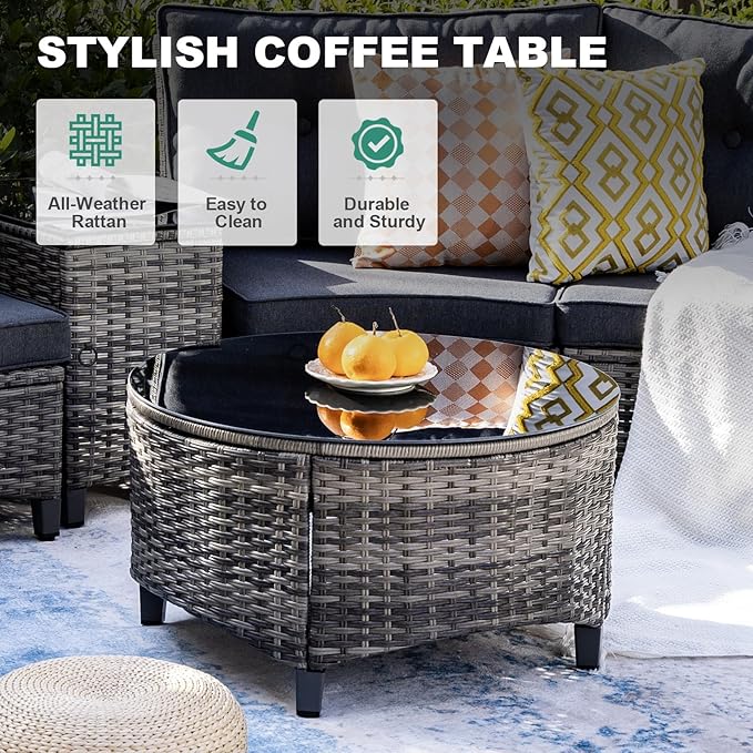 MEISSALIVVE 8 Piece Outdoor Patio Furniture Set, Half-Moon Curved Sectional Set with Wood Armrests, 2 Half-Moon Ottomans, Round Table (Grey)