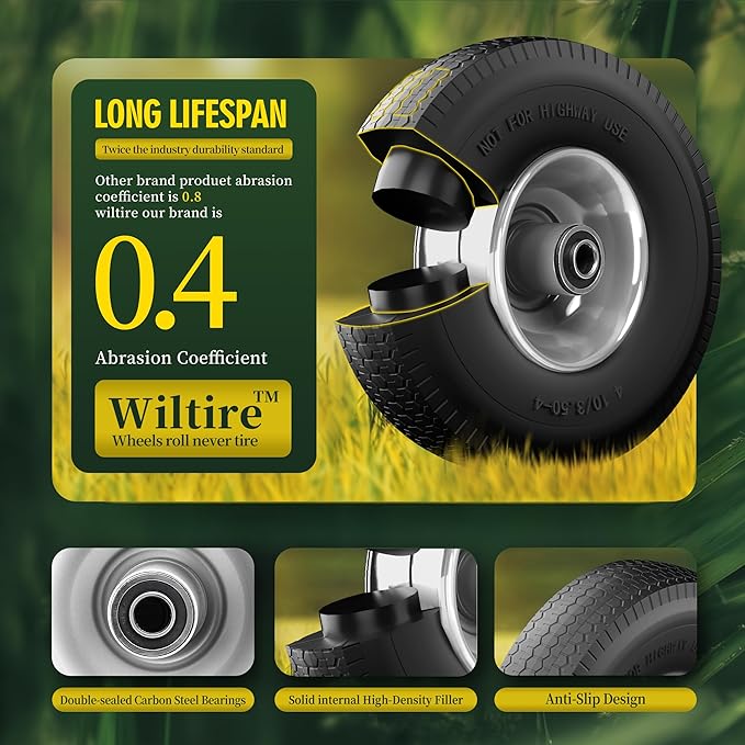 (2 Pack) 4.10/3.50-4 Flat Free Tire and Wheel 10-Inch Solid Wheel Replacement with 5/8 Extra 3/4 &1/2 Bearings,2.2" Offset Hub -Compatible with Hand Truck,Wheelbarrow(Wave,Gray)