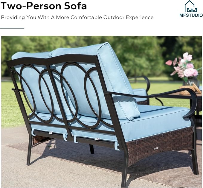 MFSTUDIO 5 PCS Outdoor Patio Furniture Set, Metal Outdoor Conversation Set, Rattan Wicker Patio Sectional Sofa Set with 2 x Fixed Single Sofa, 2-Seat and 3-Seat Sofa, 1 x Coffee Table, Blue