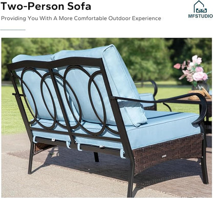 MFSTUDIO 4 Pieces Outdoor Patio Furniture Set, Metal Outdoor Conversation Set, Rattan Wicker Patio Sectional Sofa Set with 2 x Swivel Single Sofa, 2-Seat Sofa, 1 x Coffee Table, Blue