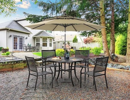 PHI VILLA 5-Piece Patio Dining Set for 4 with 10ft Umbrella, Metal Circle Table & Wrought Iron Stackable Chairs, 3-Tier Vented Beige Umbrella