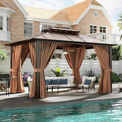 Aoxun 10' x 12' Outdoor Hardtop Gazebo Premium Polycarbonate Double - Roof Structure with Aluminum Frame, Complete with Privacy Curtains & Mosquito Netting for Backyard, Patio, Deck Parties (Brown)
