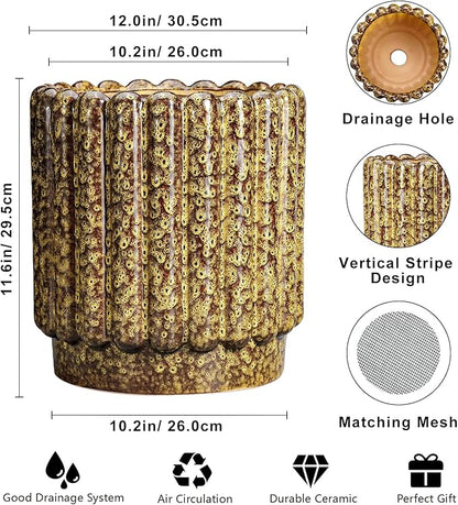 Ceramic Plant Pots - 12 Inch Planter with Drainage Hole, Large Ceramic Flower Pots for Indoor Plants, Round Planter Outdoor, Living Room Decor, Gifts for Plant Lovers, Yellow