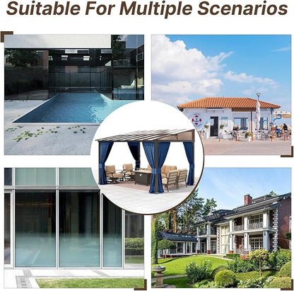 Gotland 10FTx14FT Outdoor Wall Mounted Hardtop Pergola, Metal Frame Gazebo with Sloping Sun Panel Roof and Double Curtains for Patio, Garden, Lawn, Navy