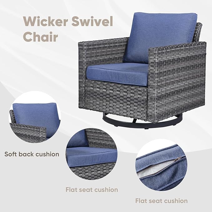 Wicker Patio Furniture Set：7 Piece Outdoor Patio Furniture Set with 2 Swivel Patio Chairs 2 Single Chairs a Coffee Table and 2 Ottomans, Grey Wicker/Blue Cushion