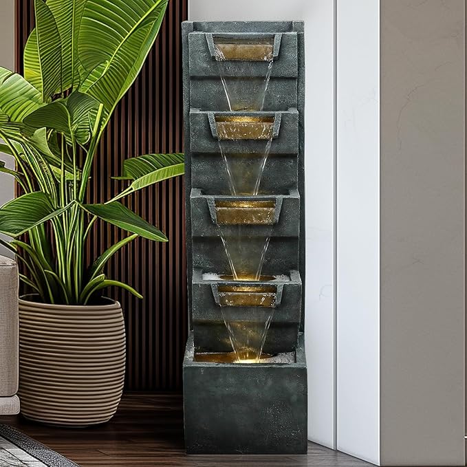 SunJet 39.3inches High Modern Water Fountain – 5-Tier Outdoor/Indoor Water Fountain with Soothing Water Sounds & Warm LED Light, Perfect for Garden, Patio, Home & Office