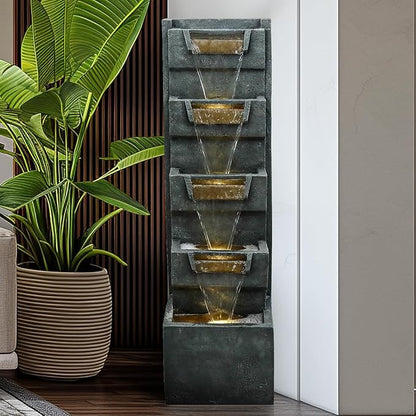 SunJet 39.3inches High Modern Water Fountain – 5-Tier Outdoor/Indoor Water Fountain with Soothing Water Sounds & Warm LED Light, Perfect for Garden, Patio, Home & Office