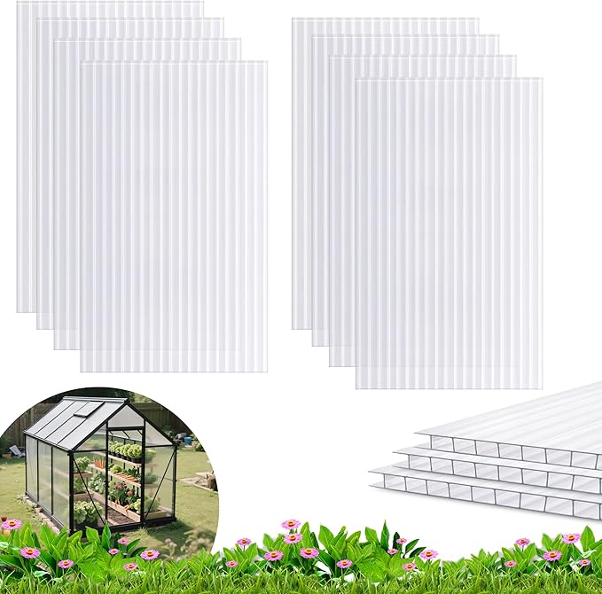 8PCS 10' x 6' x 0.16'' Polycarbonate Greenhouse Panels Sheets, Twin-Wall Roof Panels, Waterproof UV Protected Corrugated Plastic Roof Panels Sheets, Clear Replacement Panels for Greenhouse