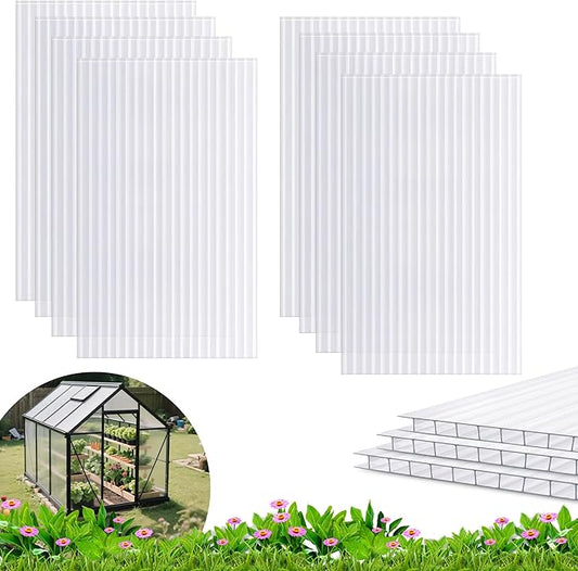 8PCS 10' x 6' x 0.16'' Polycarbonate Greenhouse Panels Sheets, Twin-Wall Roof Panels, Waterproof UV Protected Corrugated Plastic Roof Panels Sheets, Clear Replacement Panels for Greenhouse