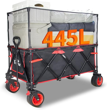 TMZ Collapsible Wagon 445L Heavy Duty Foldable Cart with All-Terrain Wheels, Canopy & Brakes - Extra Large Utility Wagon for Beach, Outdoor, Garden, Camping Portable Foldable Design (Black/Red)